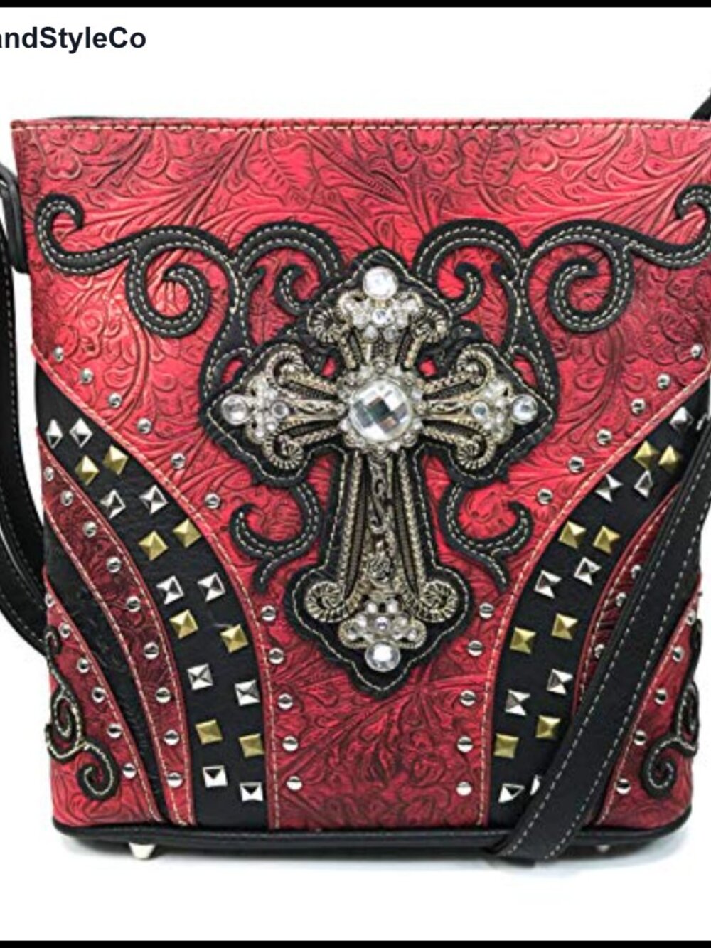 Tooled PU Leather Floral Studded Conceal Carry Crossbody Handbag Purse
